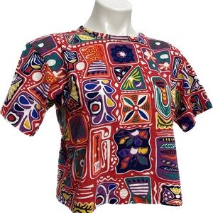 VINTAGE 80s RETRO BORDERLINE COLORFUL GRAPHIC SHORT SLEEVE CROP TOP